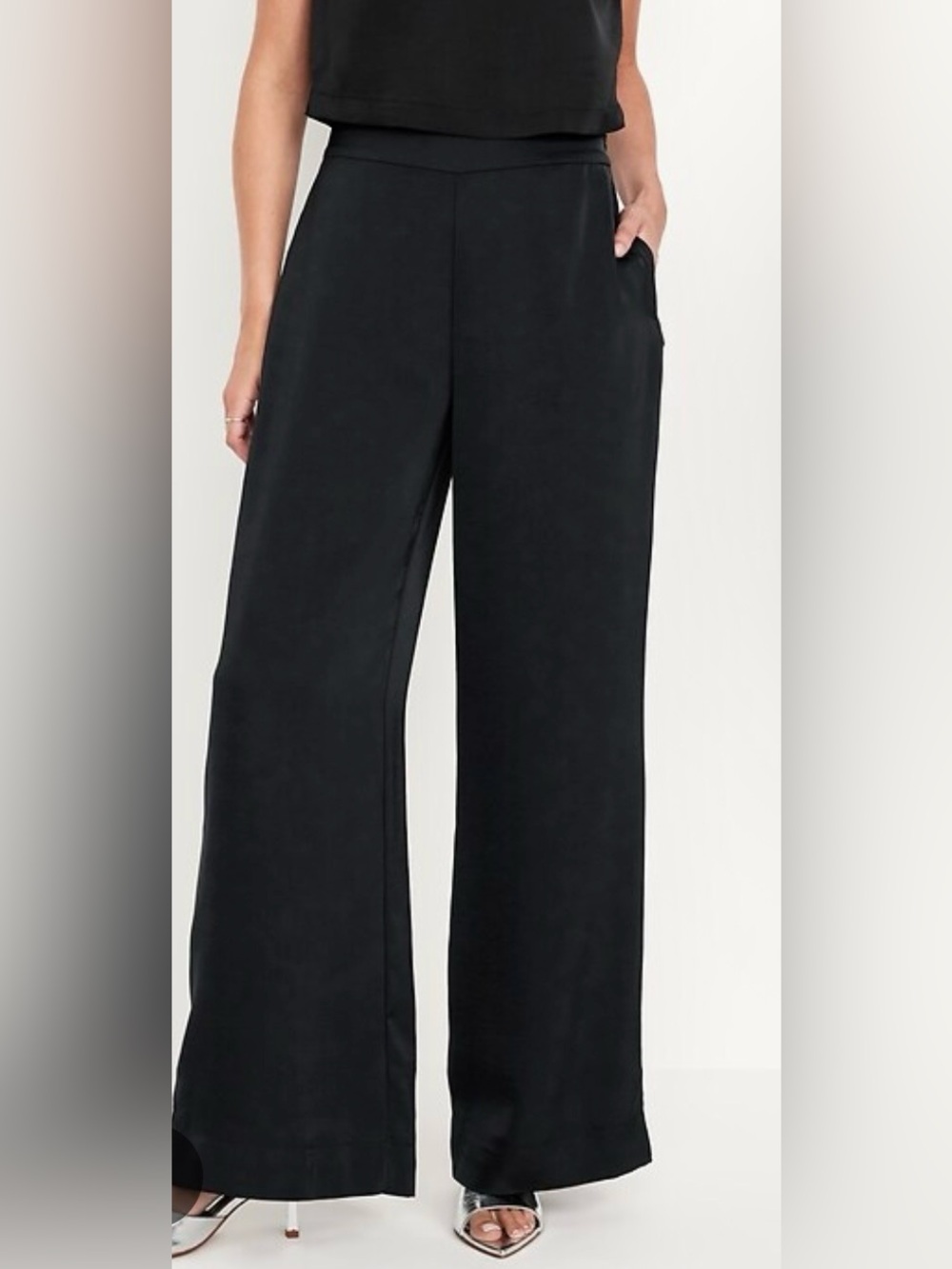 Old Navy High Rise Satin Wide Leg Full Length Black Pants Size 14